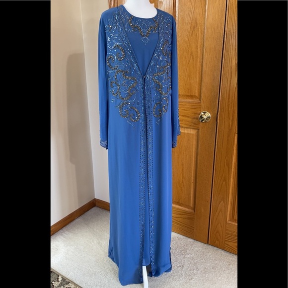 Formal Dress Plus Size 2pc Long Jacket Dress Beaded Evening Blue Long Sleeves - Picture 1 of 14